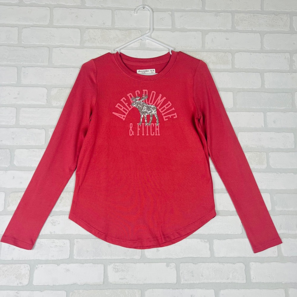 Abercrombie Kids Girls Red Sequin Moose Logo Long Sleeve Ribbed Top Size 15/16